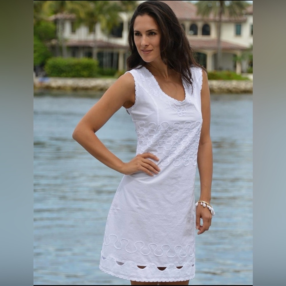 Cotton Natural White Summer Preppy Classic Resort dress V neck sleeveless med - Picture 15 of 15